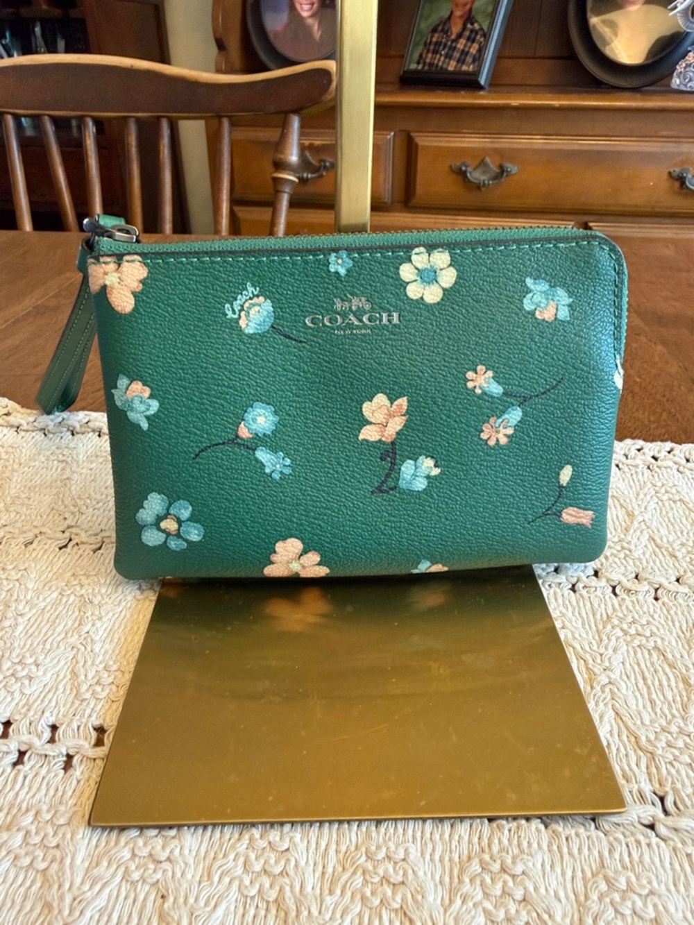 Coach Green Floral Leather Wristlet with Pink & Light Blue Blooms